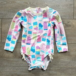 Ruffle Butts Ice Cream Social Print Long Sleeve Rash-guard Swimsuit Girls 3T